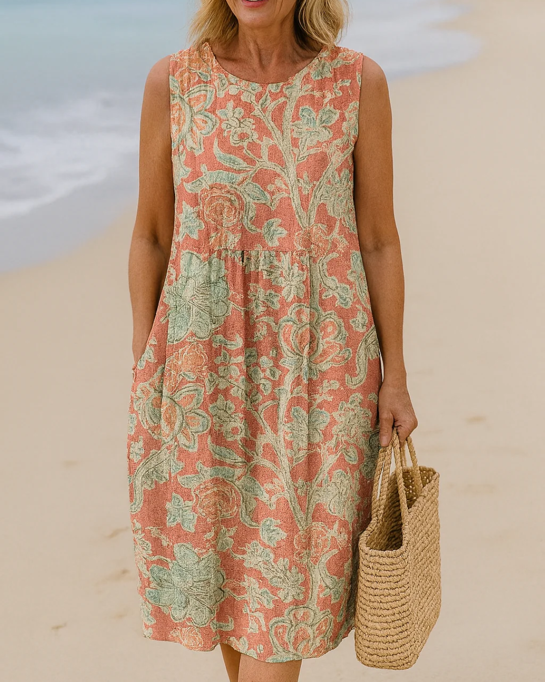 Vestido vintage com flores e manga curta.