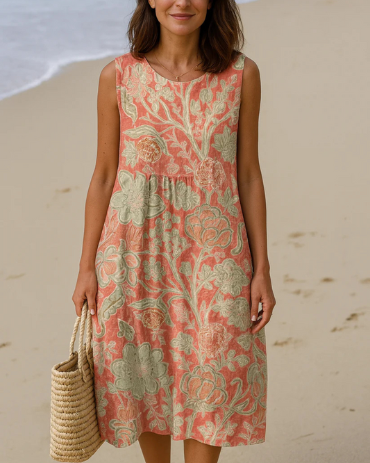 Vestido vintage com flores e manga curta. 