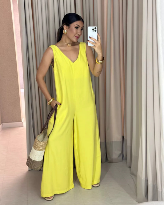 Casual Macacão de Cor Lisa com Decote em V para Mulher 