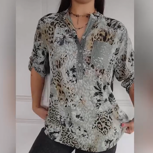 Camisa Casual de Mulher com Estampado Meio Botão 