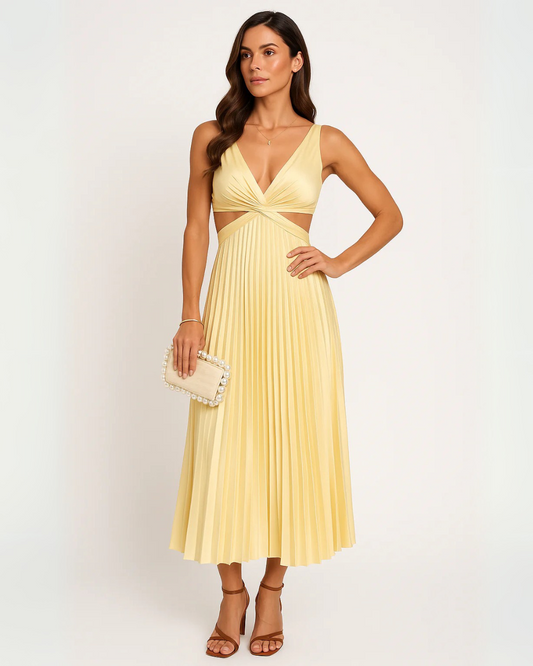 Vestido plissado com decote em V em tecido de seda 