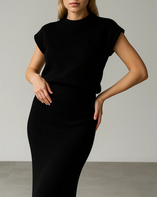 Conjunto de blusa sem mangas e saia comprida, exclusivo para mulher. 