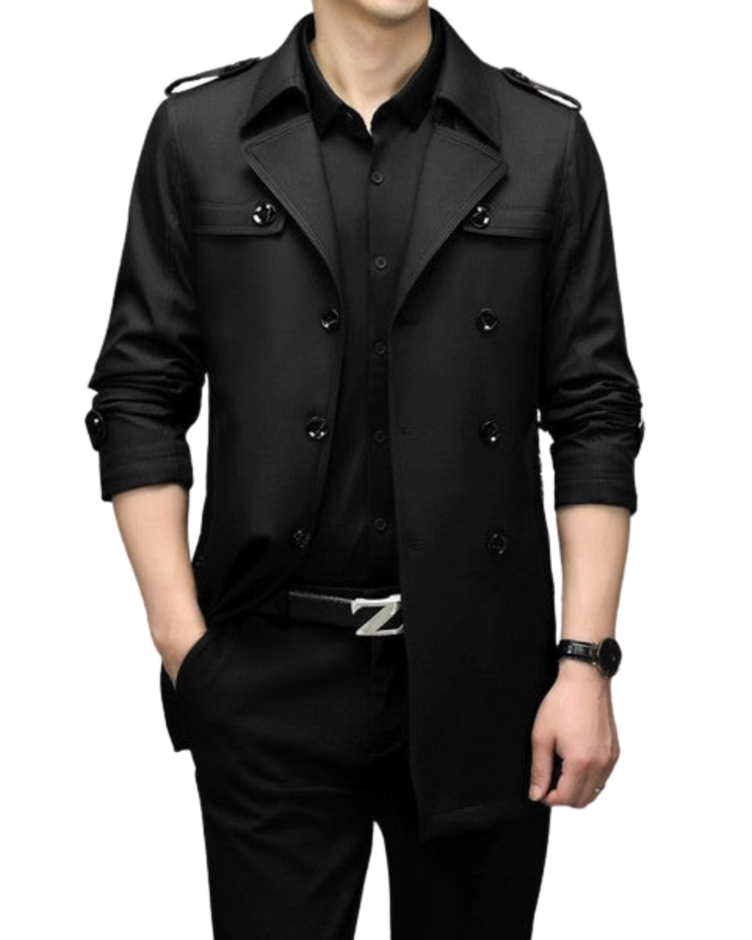 Casaco Clássico Comprido de Gabardina para Homem com Cinto Ajustável na Cintura