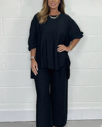 Conjunto Casual de Mulher com Blusa Assimétrica e Calça Arga Perna 