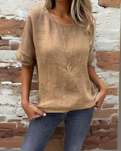 T-shirt casual de manga curta com gola redonda para mulher