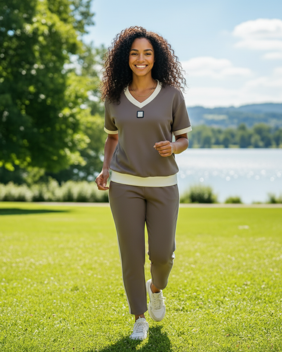 Elegante conjunto de top e collants com decote em V. 