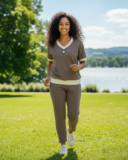 Elegante conjunto de top e collants com decote em V. 