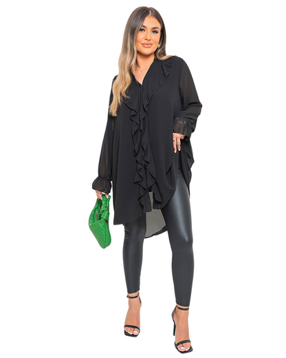 Blusa Casual Feminina com Decote em V, Folhos e Botões no Peito