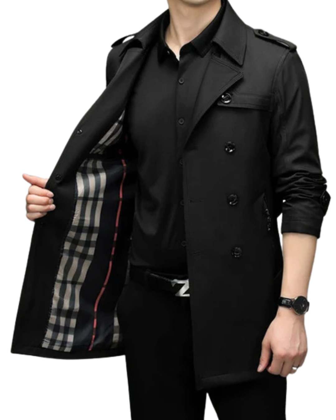 Casaco Clássico Comprido de Gabardina para Homem com Cinto Ajustável na Cintura