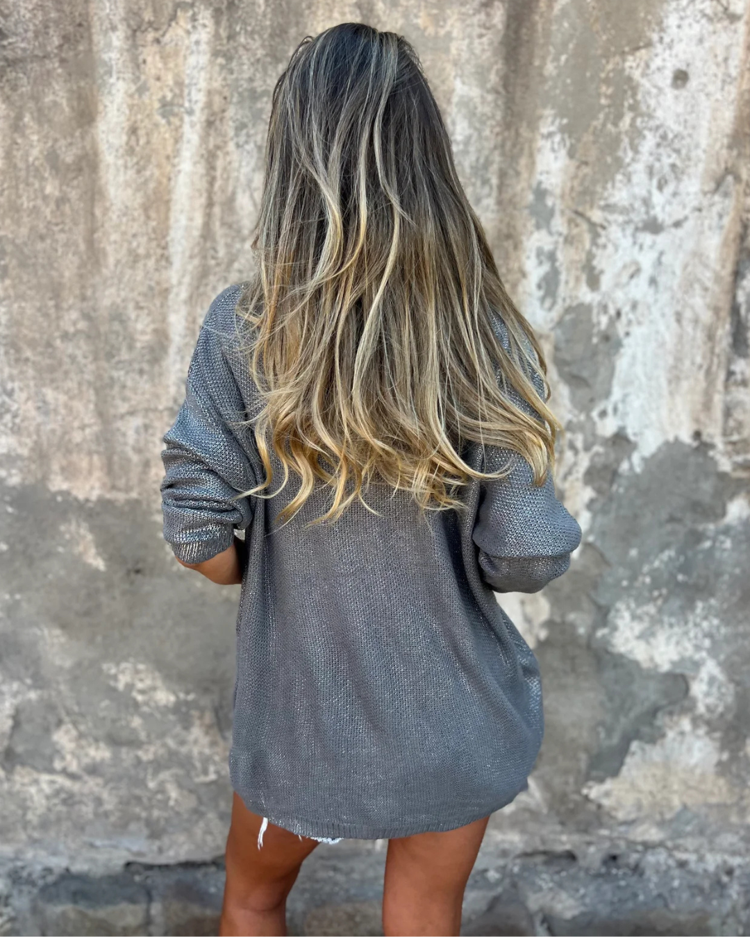 Camisola Malha Brilhante com Decote em V para Mulher