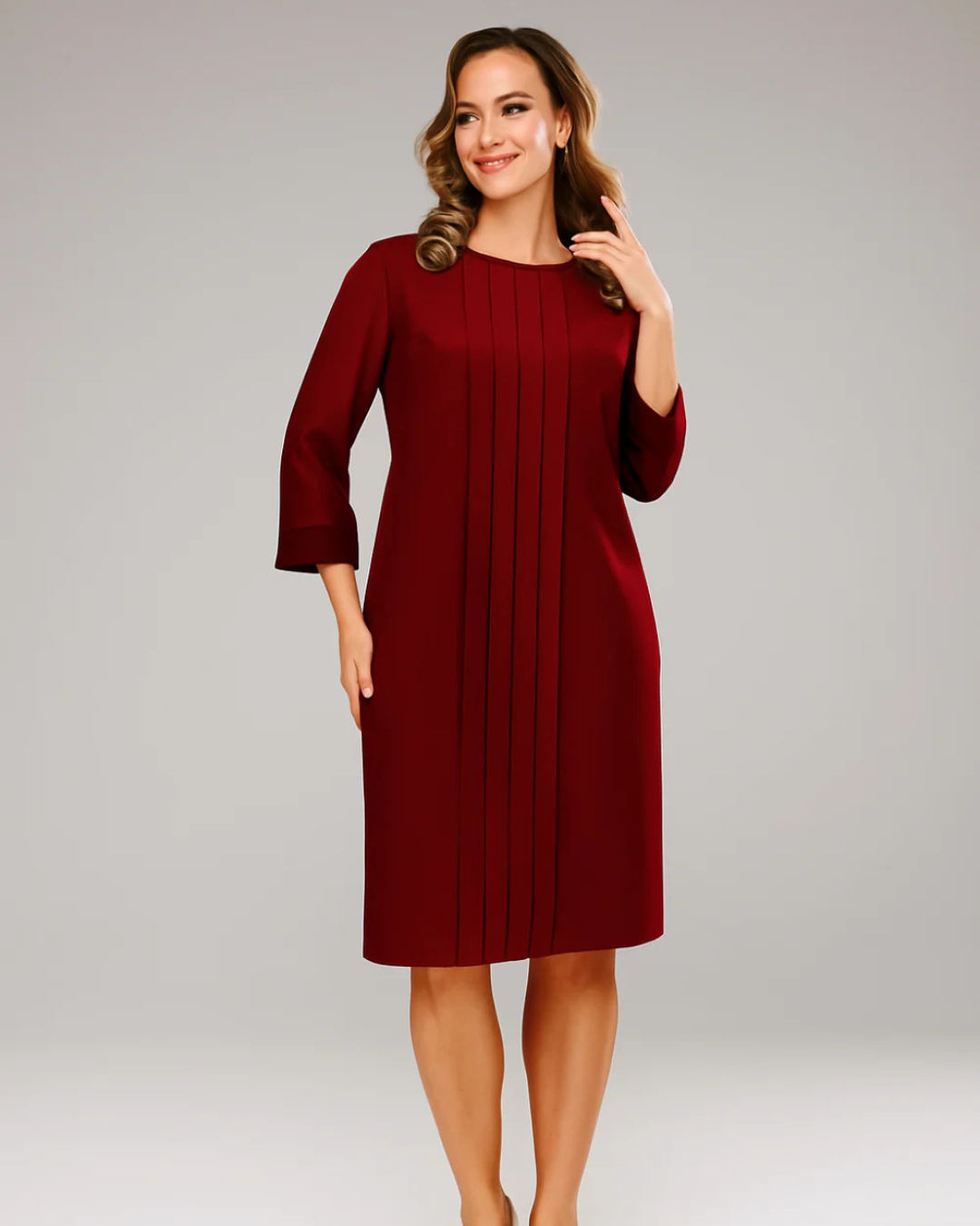 Vestido Challenge com pregas e manga 3/4 