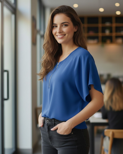 Blusa Larga com Decote em V e Fecho Ajustável Para Mulher