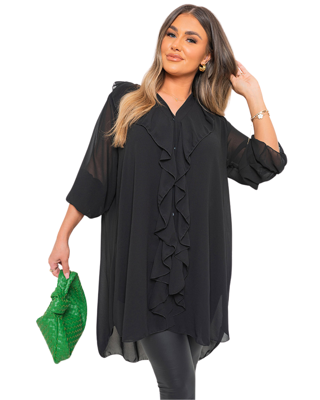 Blusa Casual Feminina com Decote em V, Folhos e Botões no Peito