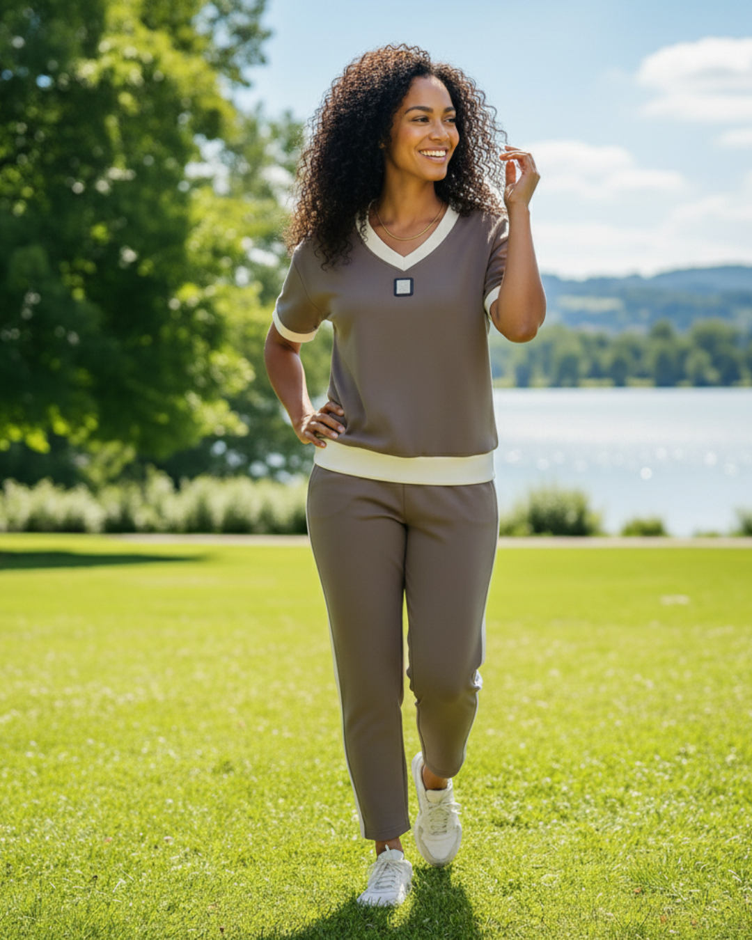 Elegante conjunto de top e collants com decote em V. 