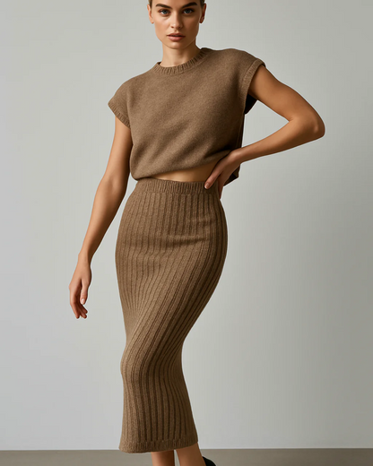 Conjunto de blusa sem mangas e saia comprida, exclusivo para mulher. 