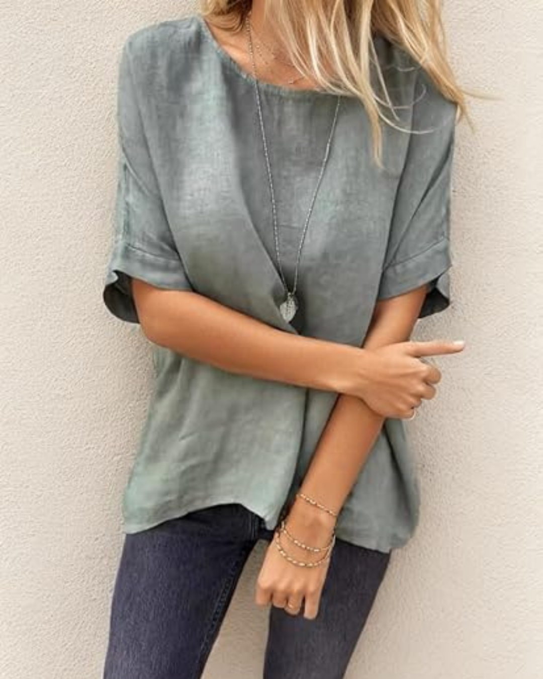 T-shirt casual de manga curta com gola redonda para mulher