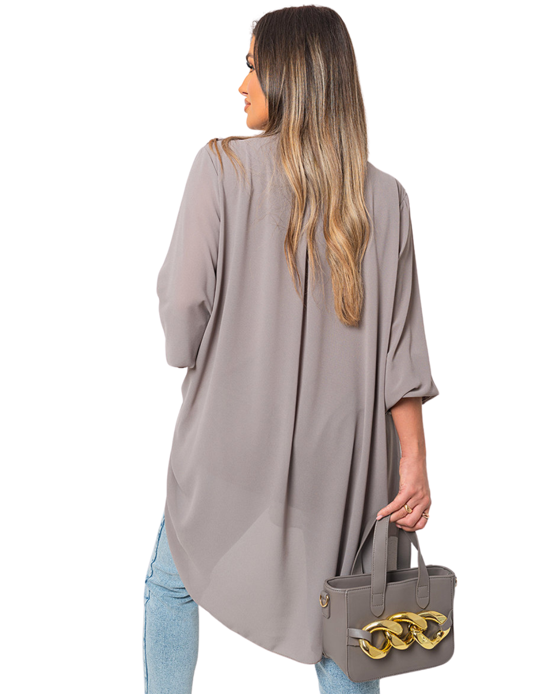 Blusa Casual Feminina com Decote em V, Folhos e Botões no Peito
