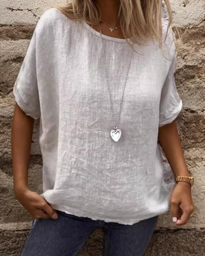 T-shirt casual de manga curta com gola redonda para mulher