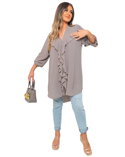 Blusa Casual Feminina com Decote em V, Folhos e Botões no Peito