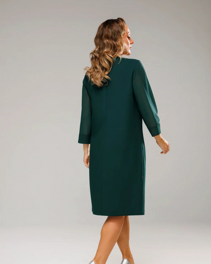 Vestido Challenge com pregas e manga 3/4 