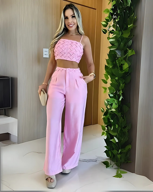 Conjunto de Verão para Mulher com Calça Palazzo e Top Curto com Alças 
