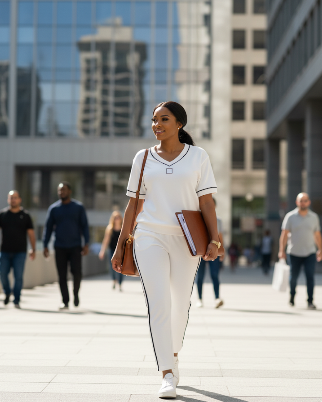 Elegante conjunto de top e collants com decote em V. 