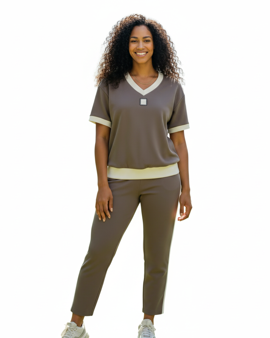 Elegante conjunto de top e collants com decote em V. 