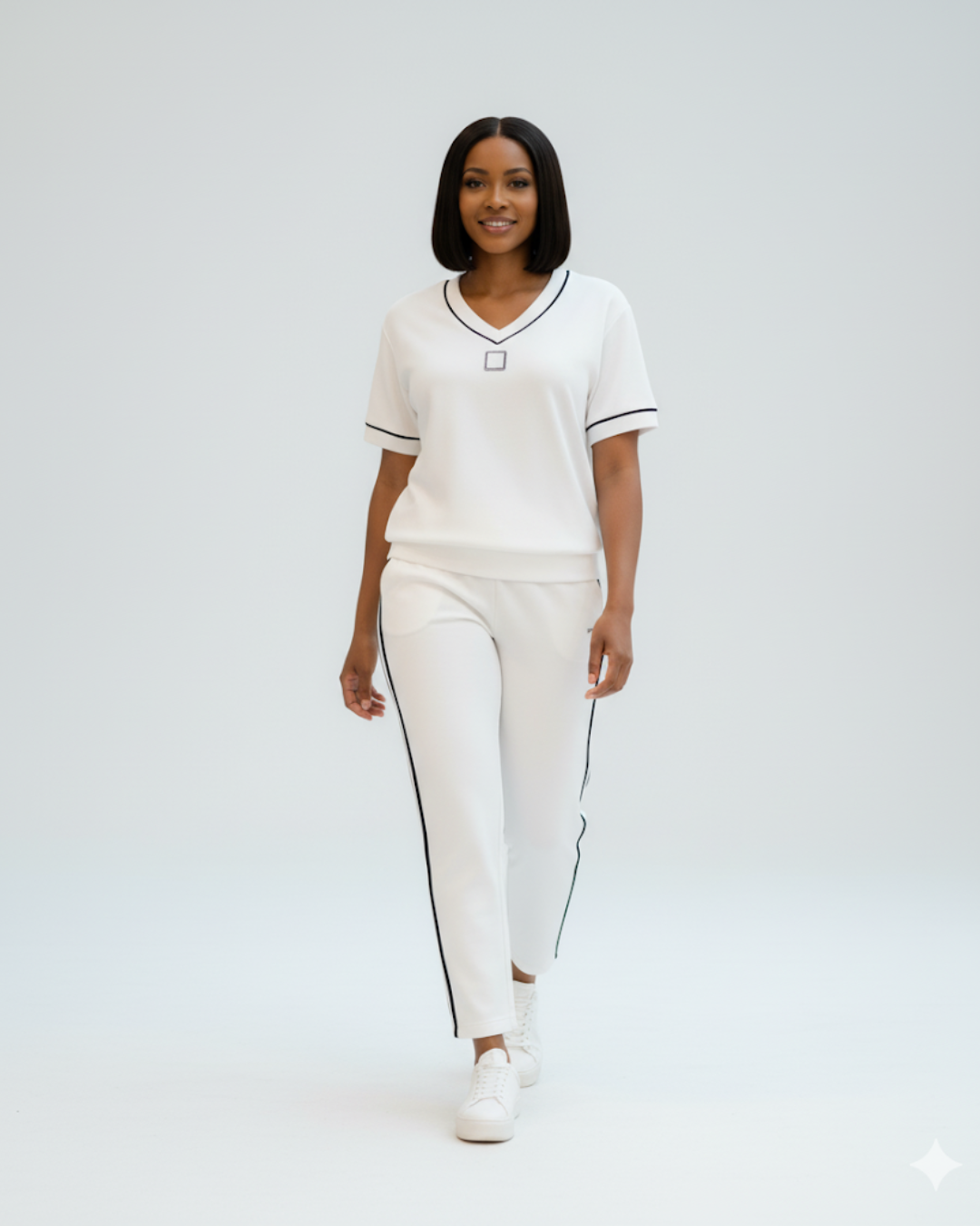 Elegante conjunto de top e collants com decote em V. 